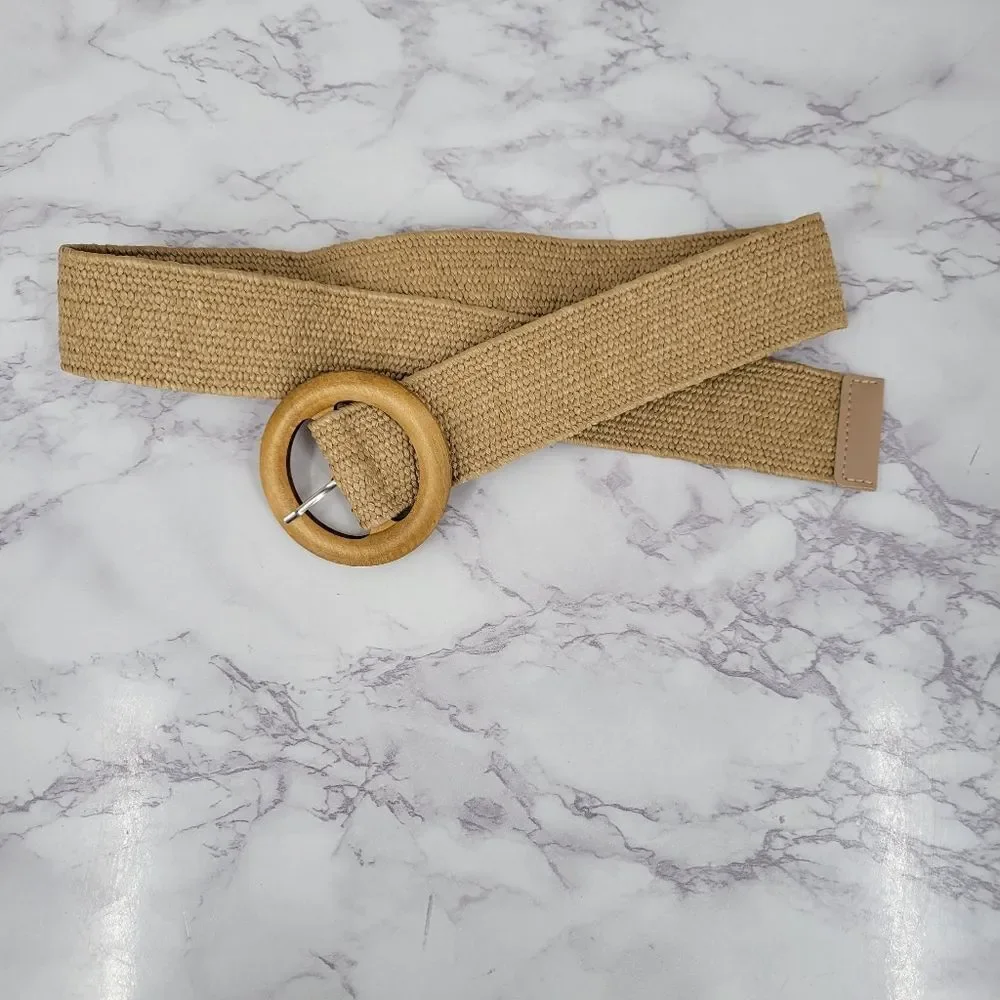 Tan Woven Stretch Belt with Round Wooden Buckle